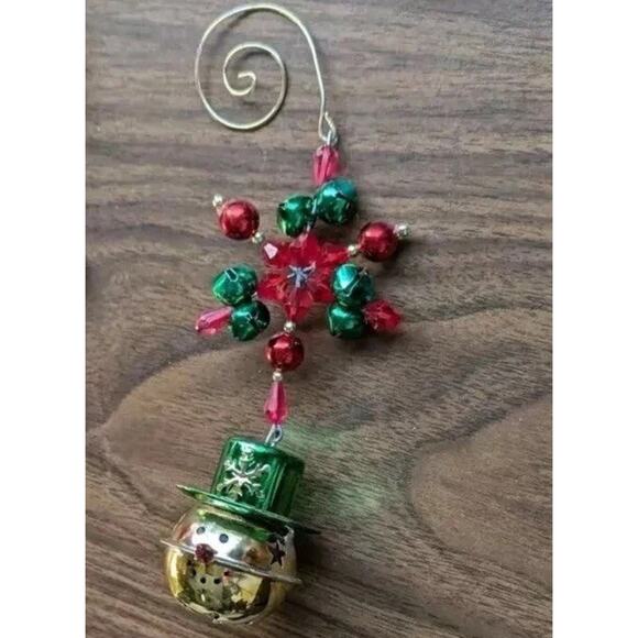 Pier 1 Jingle Bell Snowman Ornament Beaded Star Red Green Metal Christmas - Picture 5 of 8